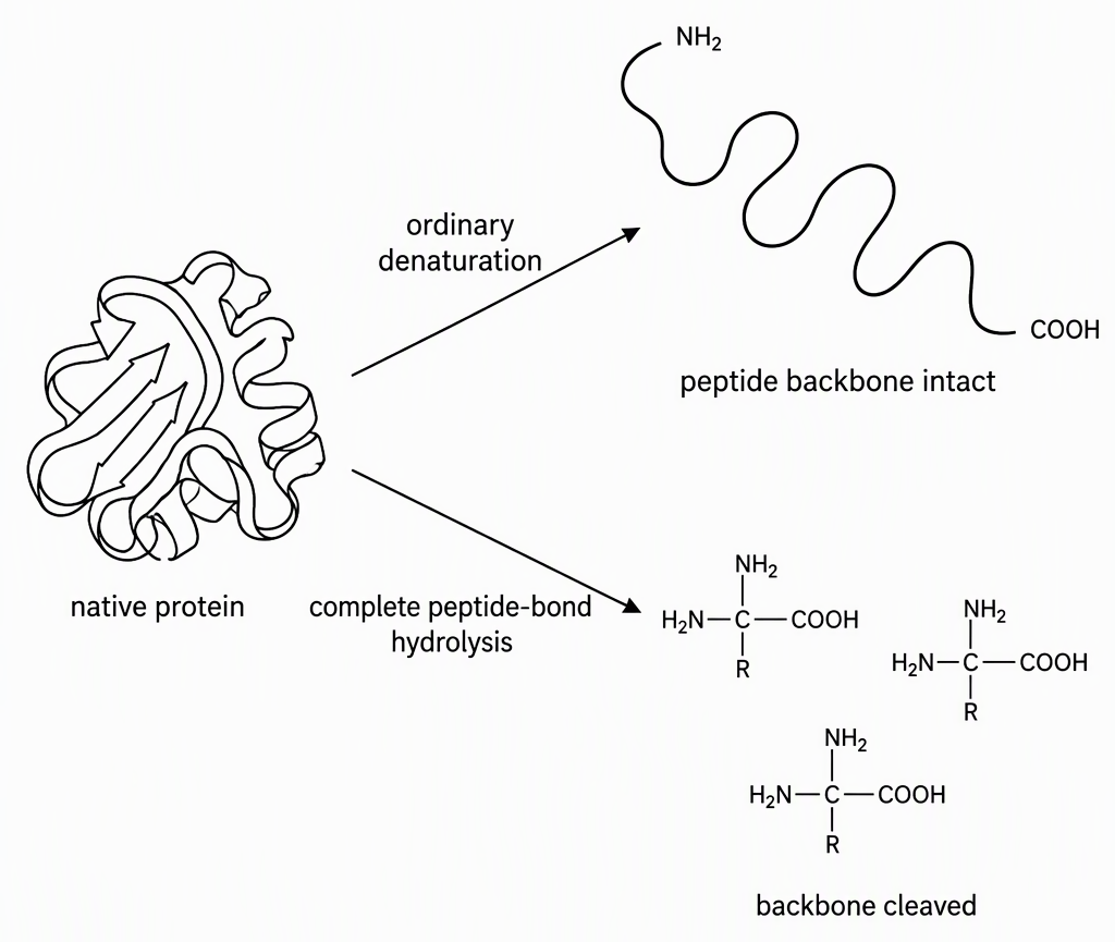A folded polypeptide labelled native protein branches through an arrow labelled ordinary denaturation to the same continuous unfolded chain labelled peptide backbone intact and through an arrow labelled complete peptide-bond hydrolysis to separate amino acids labelled backbone