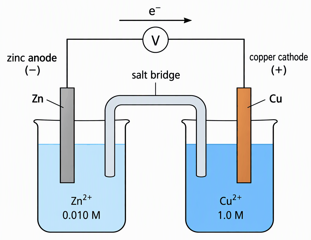 A galvanic cell with a zinc electrode in zinc ion solution labelled 0.010 M on the left and a copper electrode in copper ion solution labelled 1.0 M on the right, a salt bridge joining the solutions, a voltmeter in the external wire, an electron-flow arrow from zinc to copper