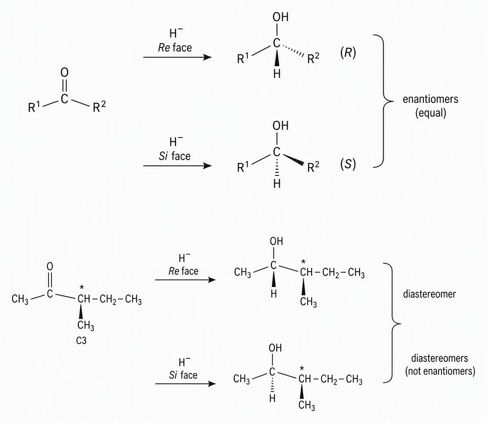 Two-panel stereochemical diagram showing an achiral planar ketone R¹–C(=O)–R² attacked by H⁻ from the labelled Re and Si faces to form equal R and S alcohols, alongside one enantiomer of 3-methylpentan-2-one with its existing stereocentre labelled C3 and attack on the two
