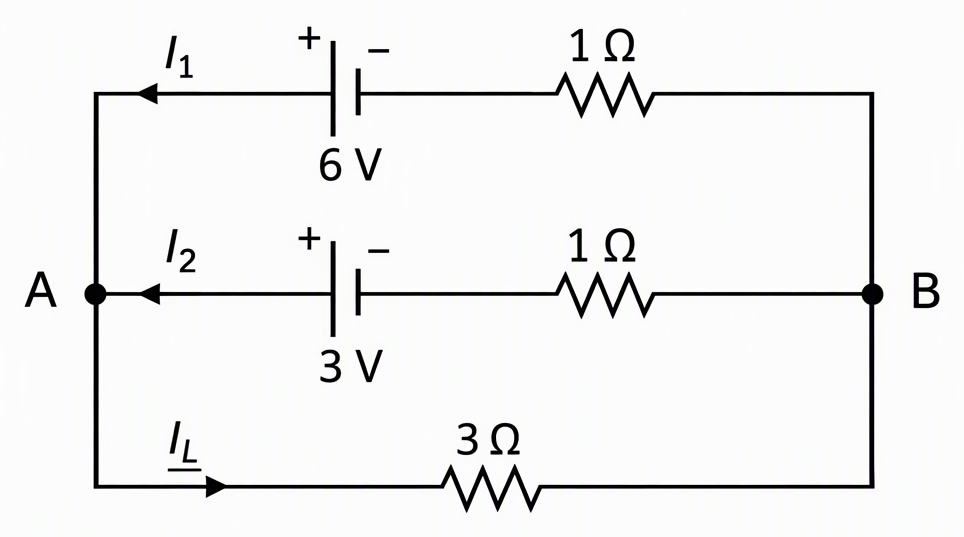 Nodes A and B joined by three parallel branches containing respectively a 6-volt cell and 1-ohm internal resistor, a 3-volt cell and 1-ohm internal resistor, and a 3-ohm load, with both cell positive terminals toward A, assumed cell-current arrows I1 and I2 toward A, and