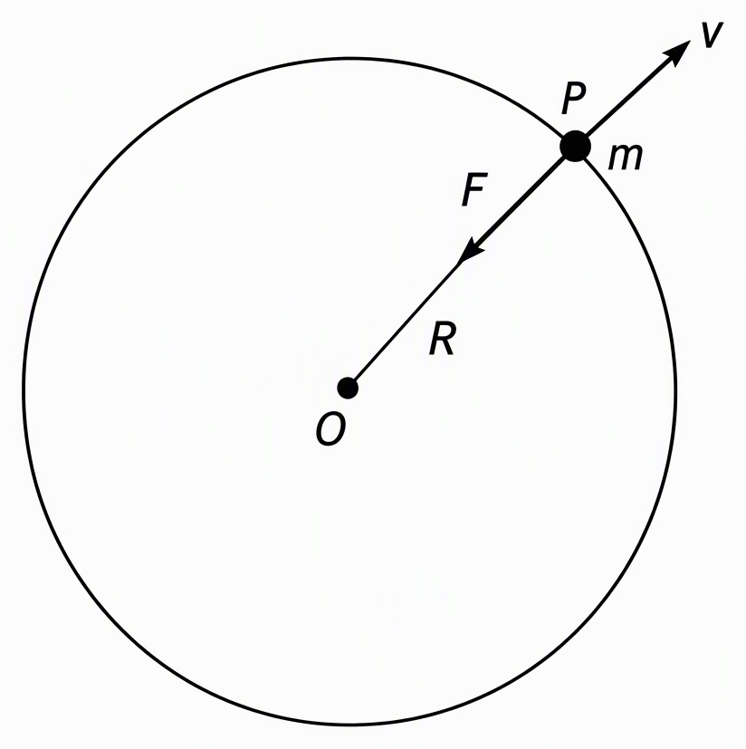 A circular orbit centred at O with a particle P labelled mass m on its circumference, a radius OP labelled R, a tangential velocity arrow at P labelled v, and a force arrow at P pointing towards O labelled F.