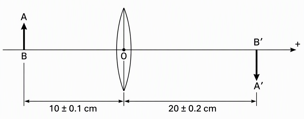 A schematic horizontal principal axis with a thin convex lens centred at O, an upright object arrow AB on the left and an inverted real-image arrow A′B′ on the right, label the object-to-O distance 10 ± 0.1 cm and the O-to-image distance 20 ± 0.2 cm, and mark the positive axis
