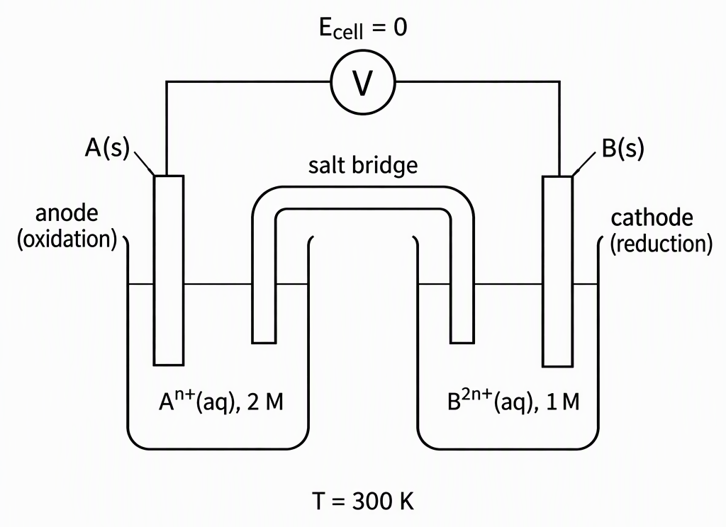 Two half-cells connected by a salt bridge, with the left metal electrode labelled A(s), anode (oxidation in the written reaction), immersed in Aⁿ⁺(aq), 2 M, and the right metal electrode labelled B(s), cathode (reduction in the written reaction), immersed in B²ⁿ⁺(aq), 1 M