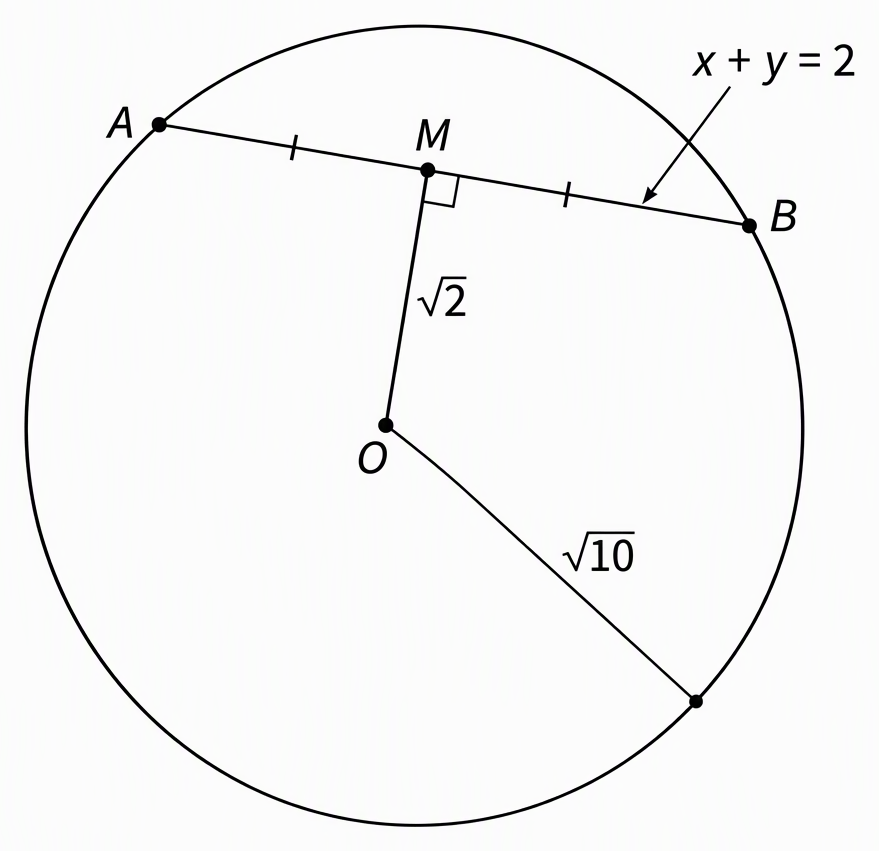 A circle centred at O with radius labelled square root of 10, chord AB on the line x+y=2, perpendicular OM meeting AB at midpoint M with a right-angle marker, OM labelled square root of 2, and MA and MB marked equal.