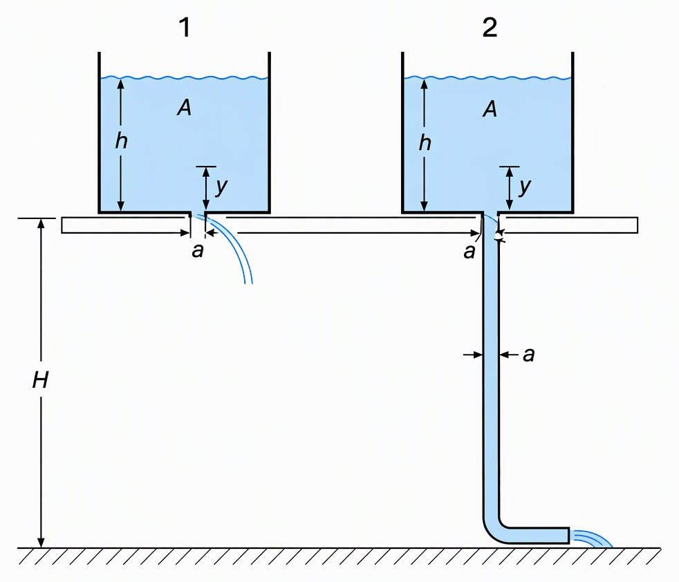 Two identical open tanks labelled 1 and 2 on a roof a vertical distance H above ground, mark tank cross-sectional area A, initial water depth h and instantaneous depth y above the near-bottom openings, label each opening area a, show tank 1 discharging freely at roof level and