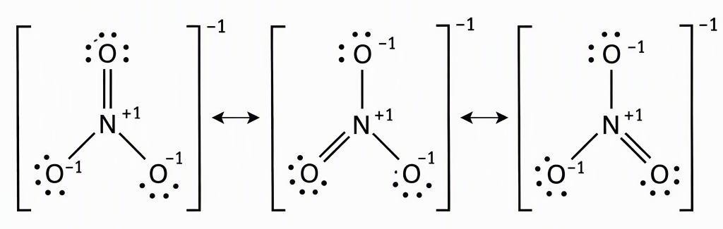 The three equivalent Lewis resonance contributors of nitrate joined by double-headed resonance arrows, each with central N labelled +1, one double-bonded O with two lone pairs and zero formal charge, two single-bonded O atoms each with three lone pairs and charge −1, and