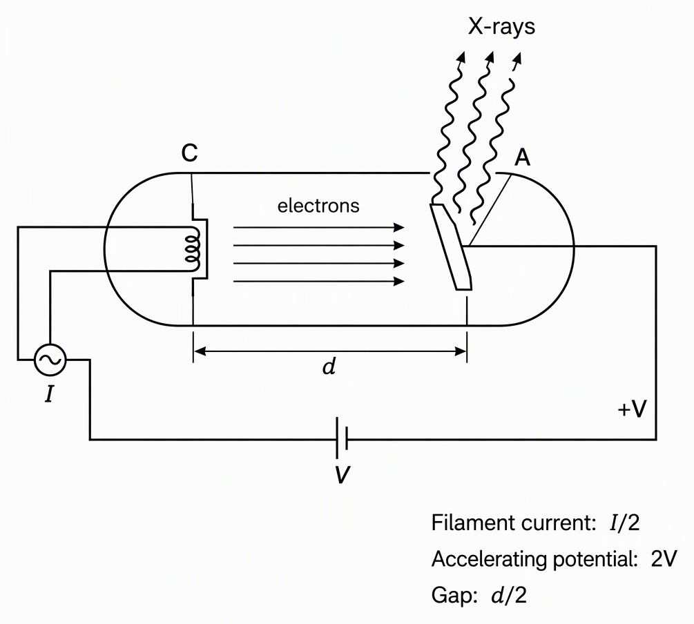 An X-ray tube with a filament cathode labelled C and filament heating current I, a target anode labelled A at potential V above C, a cathode–anode gap labelled d, arrows showing electrons travelling from C to A and X-rays leaving A, and a changed-setting annotation reading