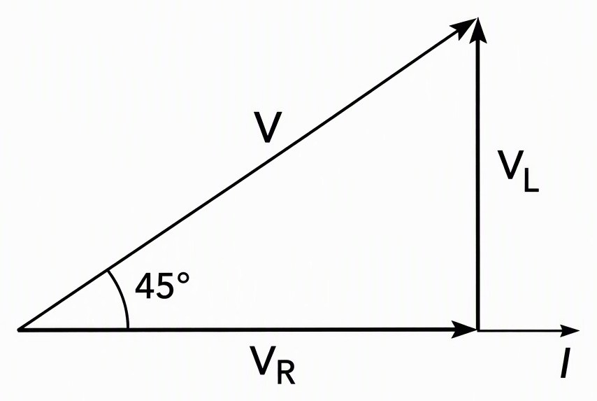 An RL voltage phasor diagram with current I as the horizontal reference, resistor voltage VR pointing right from the origin, inductor voltage VL pointing upward from the tip of VR, equal lengths for VR and VL, and resultant applied voltage V from the origin to the final tip at