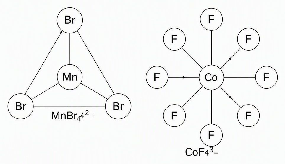 Tetrahedral arrangement for [MnBr4]2- with central Mn ion and four Br ligands at tetrahedron vertices alongside octahedral arrangement for [CoF6]3- with central Co ion and six F ligands along the x y z axes