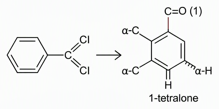 4-phenylbutanoyl chloride side chain on benzene undergoing intramolecular Friedel-Crafts to 1-tetralone, with the six-membered ring fusion, carbonyl labelled at position 1, and alpha-hydrogens on the carbon next to carbonyl