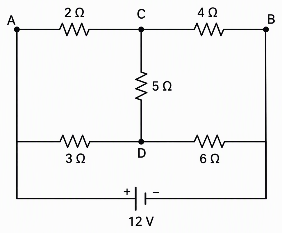 A bridge with upper path A through a 2-ohm resistor to C through a 4-ohm resistor to B, lower path A through a 3-ohm resistor to D through a 6-ohm resistor to B, a central 5-ohm resistor joining C and D, and an ideal 12-volt source across A and B with its positive terminal at A