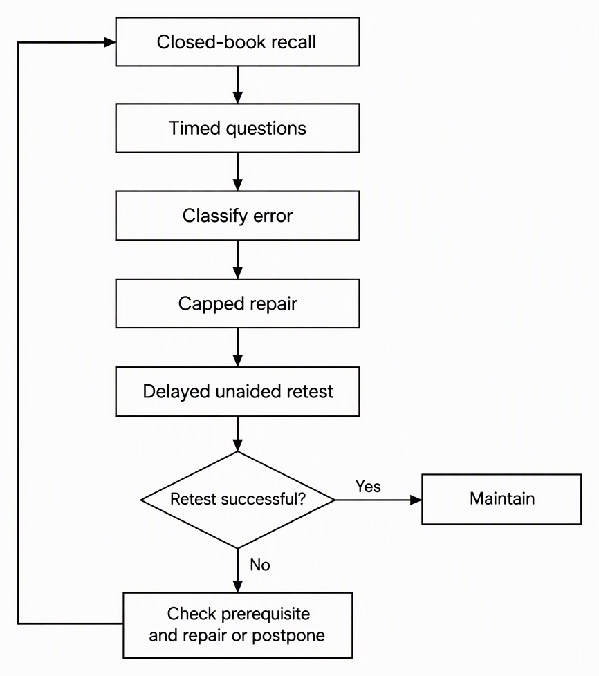 A revision flowchart labelled “Closed-book recall”, “Timed questions”, “Classify error”, “Capped repair” and “Delayed unaided retest”, with a successful retest leading to “Maintain” and an unsuccessful retest returning to “Check prerequisite and repair or postpone”.