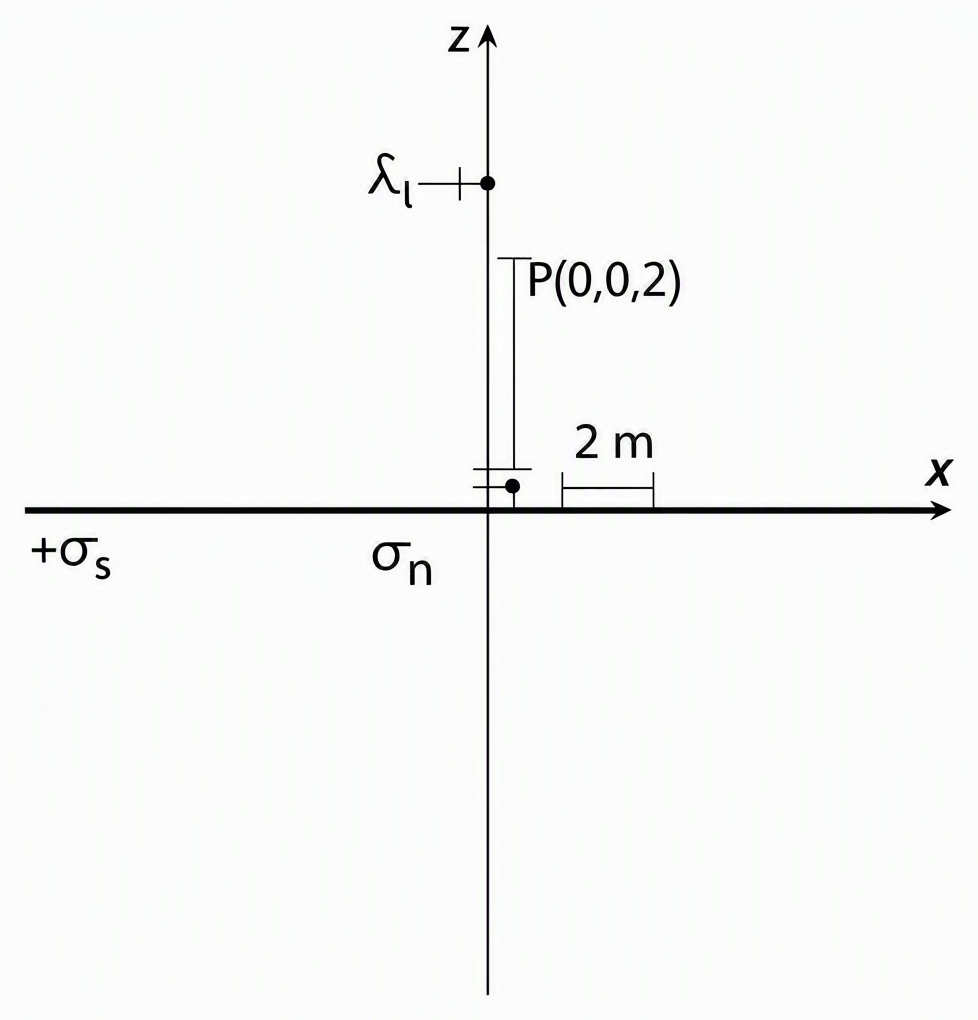 An infinite charged sheet coinciding with the xy-plane marked +σ_s, a vertical line charge parallel to y-axis at z=4 m marked +λ_l, and point P at coordinates (0,0,2) with clear labels showing 2 m distance from sheet to P and 2 m perpendicular distance from line charge to P.