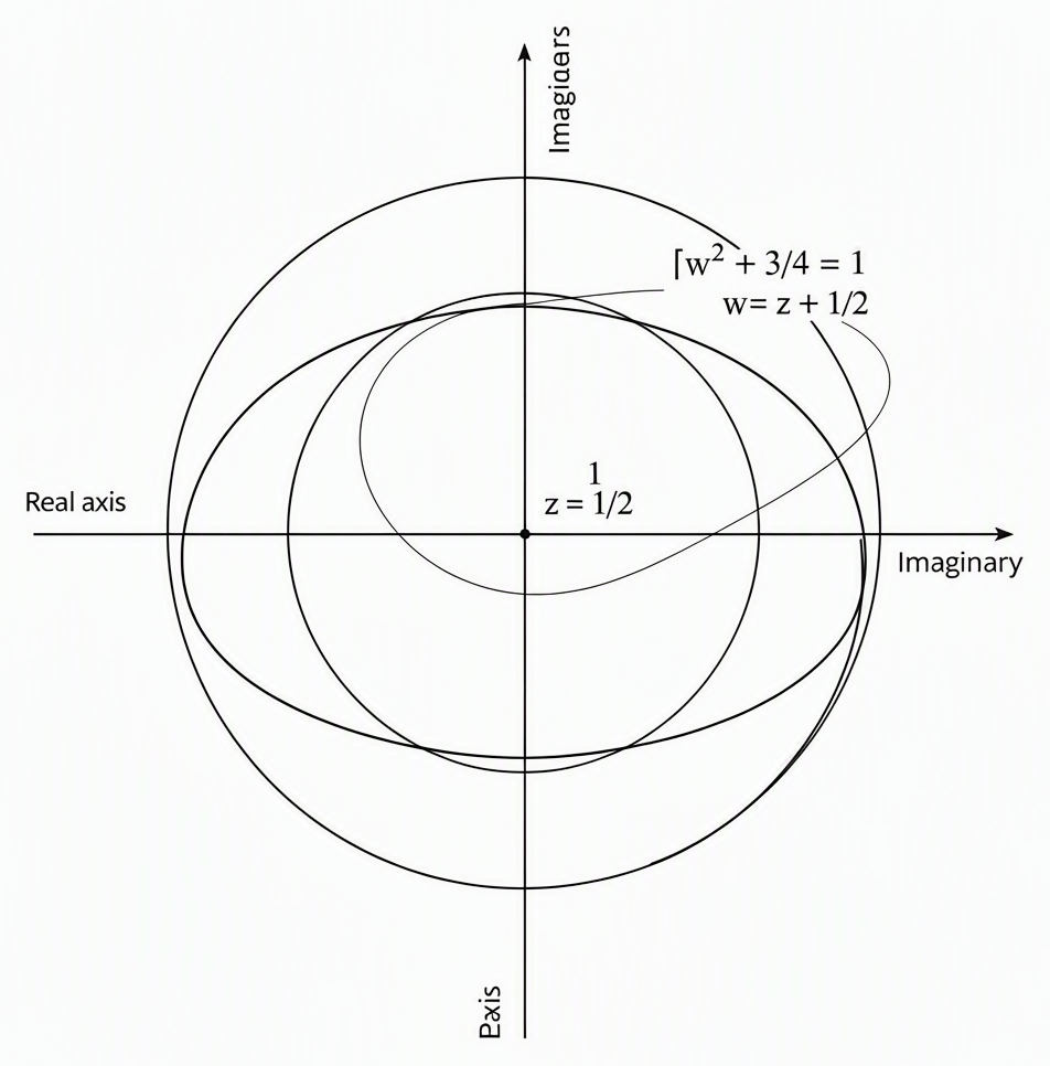 Locus of |w² + 3/4| = 1 in the Argand plane where w = z + 1/2; label real axis, imaginary axis, origin (corresponding to z = -1/2), the circle of radius 1/2 centred at origin, and the actual closed curve lying entirely outside that circle
