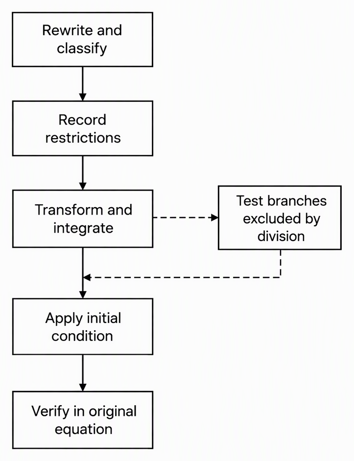 A flowchart with boxes labelled Rewrite and classify, Record restrictions, Transform and integrate, Apply initial condition, and Verify in original equation, with a side branch from Transform and integrate labelled Test branches excluded by division returning before Apply
