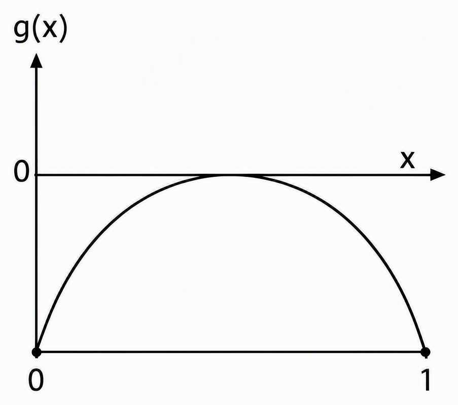 Graph on interval [0,1] with x-axis labelled from 0 to 1, vertical axis labelled g(x), endpoints marked (0,0) and (1,0), straight horizontal chord drawn at y=0, and a smooth strictly convex curve passing through both endpoints while staying strictly below the chord everywhere in