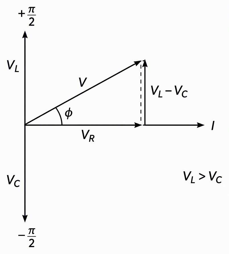 A series RLC voltage phasor construction with current I pointing right, VR pointing right, VL pointing upward at plus pi over two, VC pointing downward at minus pi over two, and a right triangle whose horizontal side is VR, vertical side is VL minus VC, resultant is source