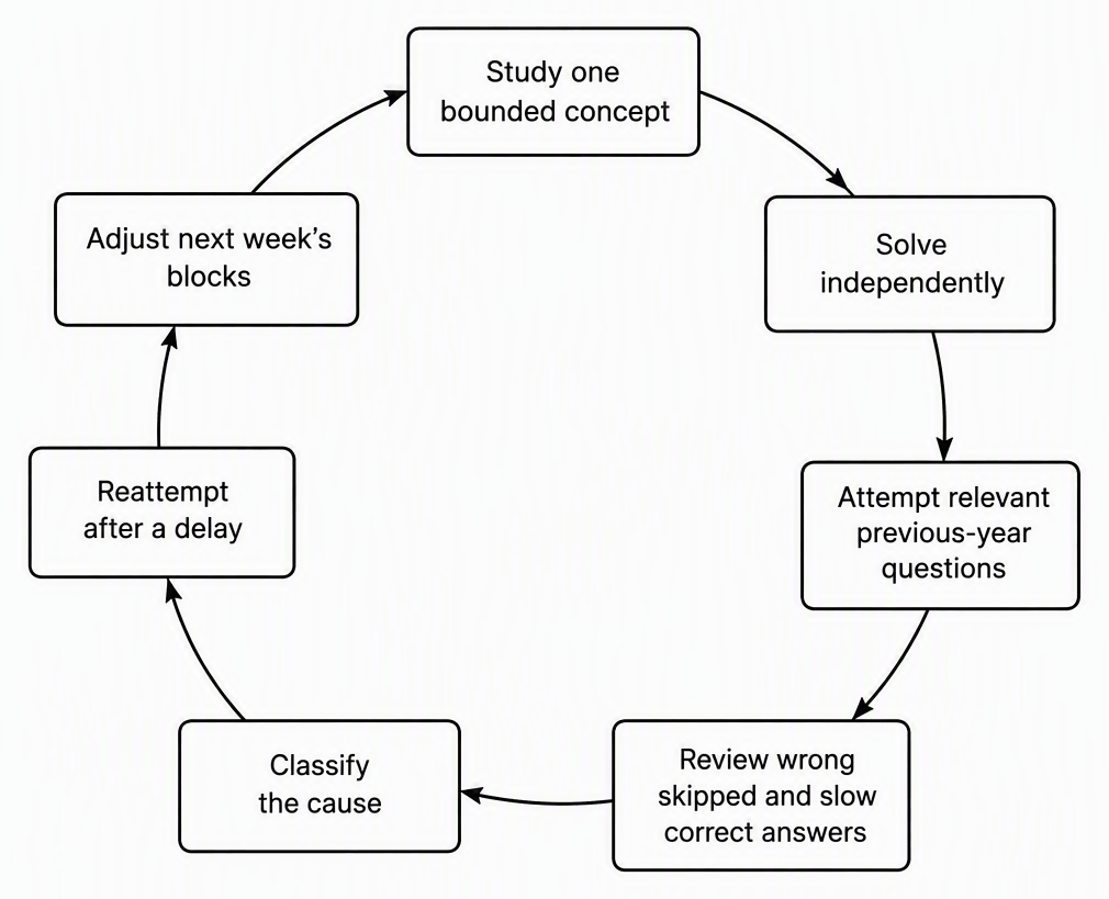 A feedback loop with labelled boxes Study one bounded concept, Solve independently, Attempt relevant previous-year questions, Review wrong skipped and slow correct answers, Classify the cause, Reattempt after a delay, and Adjust next week’s blocks, with arrows connecting each