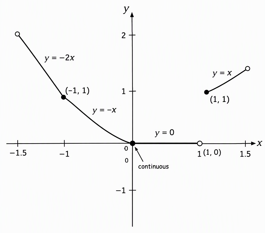 Plot y=x floor(x) for -1.5<x<1.5 with axes labelled x and y, showing y=-2x on (-1.5,-1), y=-x on [-1,0), y=0 on [0,1), and y=x on [1,1.5), with open circles at (-1,2) and (1,0), filled circles at (-1,1), (0,0), and (1,1), and the origin labelled continuous.
