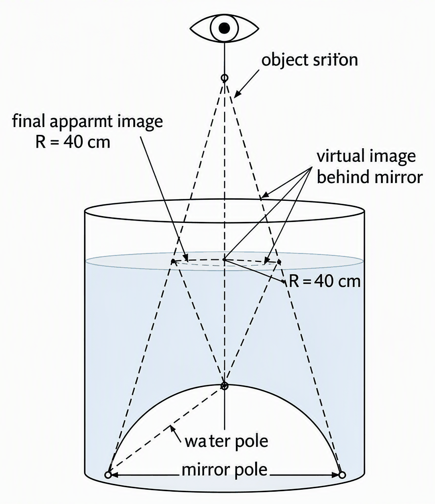 Concave mirror of R = 40 cm fixed at the base of a glass vessel filled with water to exactly 5 cm height; a small particle rests on the water surface directly above the mirror pole; observer in air views vertically downward; labels include water surface, mirror pole, object