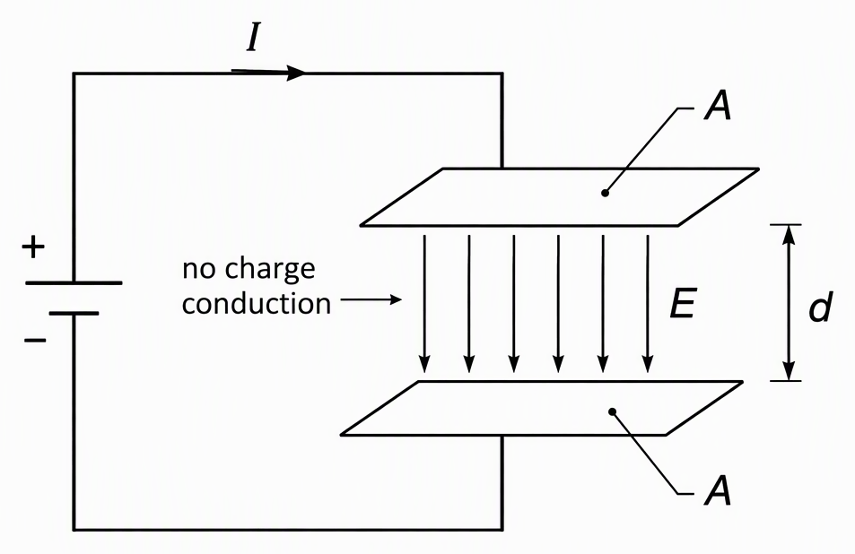 An ideal parallel-plate capacitor connected to a charging source, with wire current labelled I entering one plate, the vacuum gap labelled no charge conduction, electric field arrows between the plates labelled E, plate area labelled A and separation labelled d
