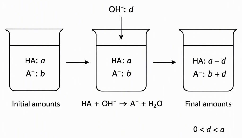 A three-stage flow showing initial amounts HA labelled a and A− labelled b, addition of OH− labelled d with the reaction HA + OH− → A− + H2O, and final amounts HA labelled a−d and A− labelled b+d, with the condition 0<d<a.