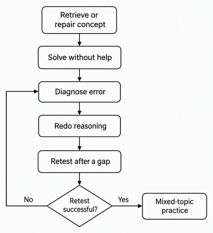 A five-step flowchart labelled Retrieve or repair concept, Solve without help, Diagnose error, Redo reasoning and Retest after a gap, with an arrow from an unsuccessful retest back to Diagnose error and an arrow from a successful retest to Mixed-topic practice.