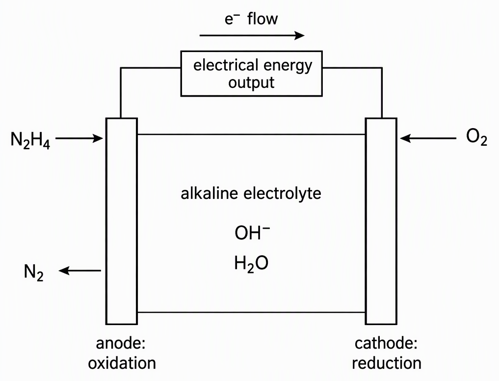 A schematic alkaline hydrazine–oxygen fuel cell with a left electrode labelled anode: oxidation, N2H4 entering and N2 leaving at the left electrode, a right electrode labelled cathode: reduction with O2 entering, an aqueous region labelled alkaline electrolyte containing OH− and