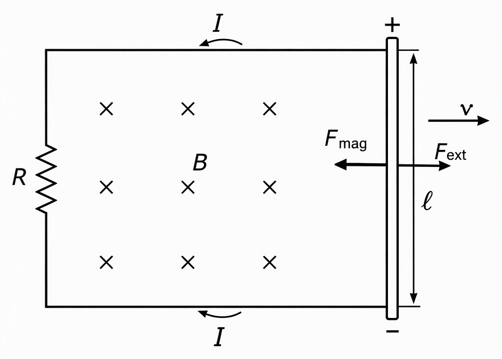 Two horizontal rails joined by a resistor labelled R on the left and a vertical sliding rod labelled length ell on the right, crosses labelled B into the page, a rightward velocity arrow v, upper rod terminal marked positive, lower terminal negative, anticlockwise current arrows