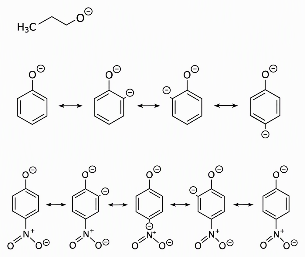 Labelled ethoxide with charge localised on oxygen, phenoxide resonance contributors with charge on oxygen and ortho or para carbons, and para-nitrophenoxide contributors extending charge delocalisation onto nitro oxygen, with resonance arrows between contributors only.